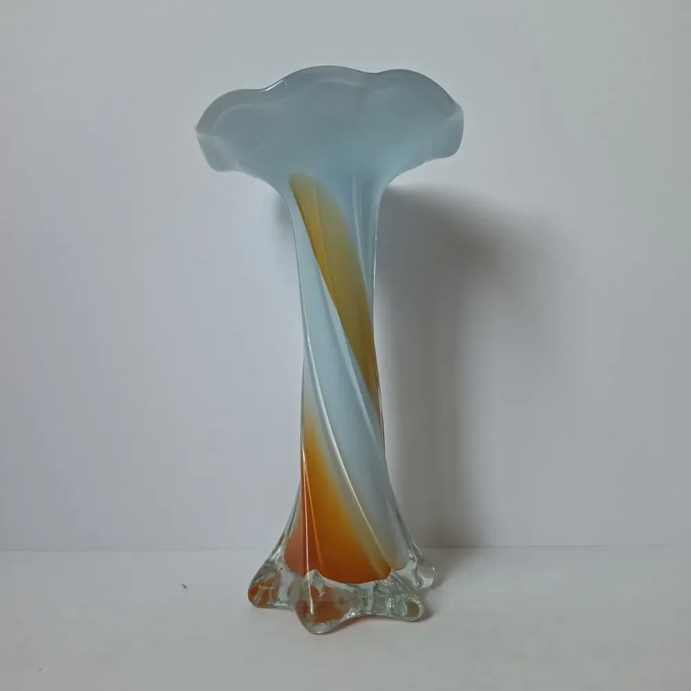 Vtg Murano Style Jack in the Pulpit Orange Blue White Ribbed Art Glass Vase 9”